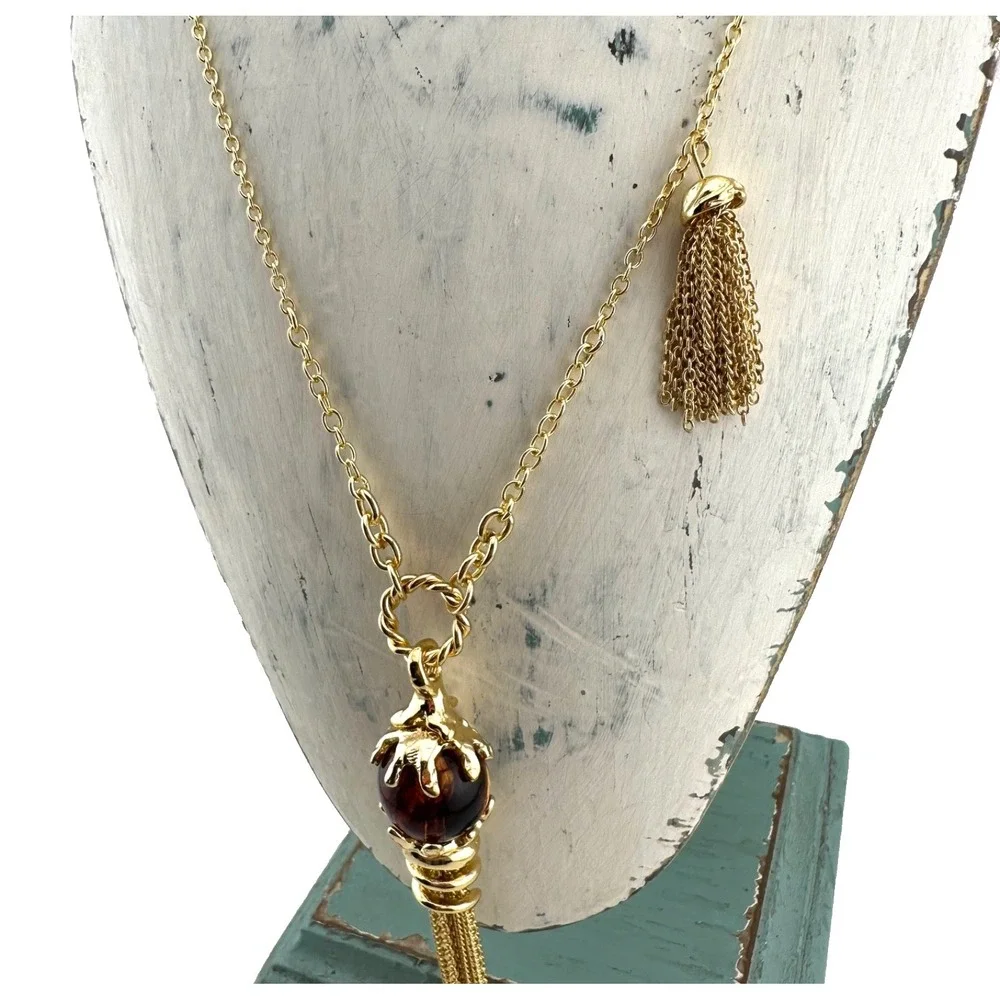 H&M‎ Amber Beaded Tassel Necklace Gold Tone Statement Necklace NWT